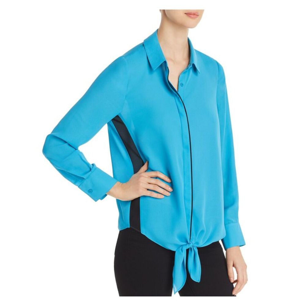 LE GALI Womens Aqua Long Sleeve Collared Blouse M